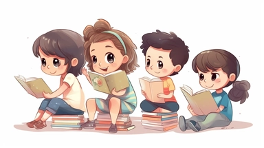 Children read books and communicate with each other, chibi, clipart, vector, white background
