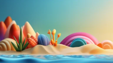 3d abstract summer nature beach object clipart with Gradient Color Overlay Background, minimal, soft color, artistic, high resolution, 8K, Canon 5d Mark IV 35mm IS F1.4 lens,