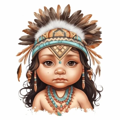 Cute Beautiful Native American Baby Girl Sublimation Clipart, Cartoon, hyper realistic, intricate detail, illustration style, high solution, on the white background