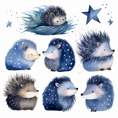 6 cute porcupines, floating in the starry night sky, white background, watercolour, clipart