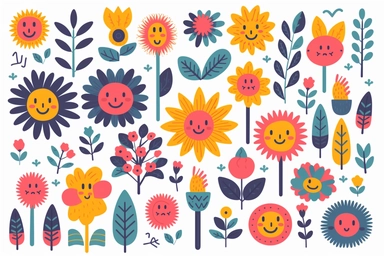A collection of good vibe vector elements clipart sticker set on a clean white background. The subject is a joyful assortment of colorful illustrations, designed to spread positivity and happiness. The elements include cheerful suns, blooming flowers, adorable animals, and uplifting symbols. The scene's environment is a pristine, bright white background that accentuates the vibrant colors of the illustrations. The mood of the scene is delightful and optimistic, invoking a sense of joy and well-b