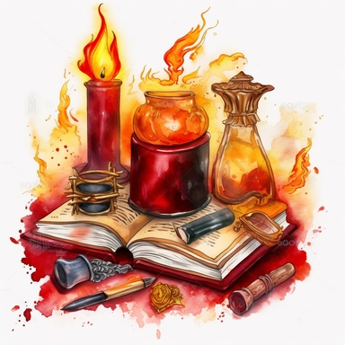 a wizzard study space with scrolls, candles, books, magical items, potions, watercolor, clipart, airbrush art, scientific illustrations, realistic color schemes, intense red and gold colors, white background