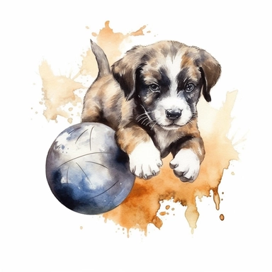 Watercolor puppy playing, with ball that resembles a world globe Clipart - cute puppy , Colour of brindle brown and cream, white background, vector art, high definition, clip art, ar 2:2