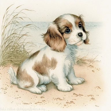 Cute - french style a smiling puppy clipart, smiling puppy, happy facial expression, on all fours, 1960, in the style of realistic watercolors, childlike innocence and charm, adorable eyes, rosy cheeks, shy posture, feminine sensibilities, realistic drawing in storybook illustration, pencil drawing by Angela Barrett, Elsa Beskow 300 DPI, valentines day themed, white background