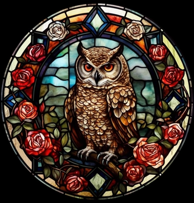 DESIGN A MAGNIFICENT AND EXQUISITE BREATHTAKING ONE-OF-A-KIND HIGH QUALITY HIGHLY DETAILED MASTERPIECE WATERCOLOR CLIPART ILLUSTRATION OF an owl with red roses sitting in a circle on a tile, in the style of i can't believe how beautiful this is, official art, STAINED GLASS WINDOW, WHITE BACKGROUND