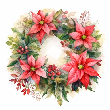Watercolor Painting of beautiful multi - headed Poinsettia Wreath FLOWERS on white background DETAILED ILUSTRATION, Flora Design Patterns, Flemish Baroque by Rachel Ruysch, Behance, Rococo, Intricate Detailed, Soft Light Effect, Oil Paint Strokes, Light Academia Aesthetic Flowers, Lighting cinematic, all shown shimmering stamens, tyndall light, texture, colorful, 8k, fantasy, ray tracing, vivid, spectacular lighting, octane rendering, highly detailed, ultra - realistic, white background, clipart