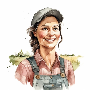 farm woman, smiling, surrounded by white background, clipart, wide shot, very detailed, watercolor illustration, white background, cinematic, ultra hd,