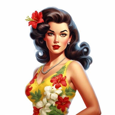 beautiful pretty pin up woman, makeup and hair vintage 50's style, hawaiian flower and dress, paint art style, detail, clipart, white background, superrealistic, one of a kind