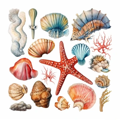 Ocean Life: Detailed watercolor illustrations of sea creatures, such as fish, seashells, starfish, and coral, bringing the underwater world to life. clipart, white background