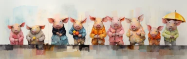 a row of cute miniature piglets, a collage of mixed media art made with tissue paper, magazine and newspaper clippings, oil paint, graphite pencil lines and fabric, in the style of playful surrealism, whimsical, washi tape