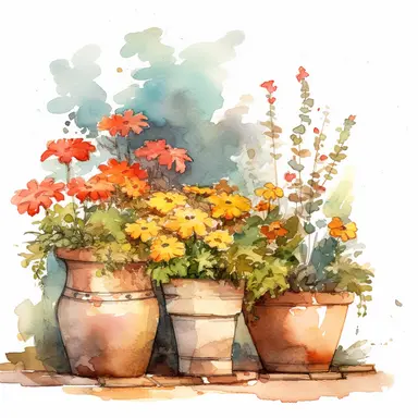 picturesque scene, a group of clay planter flower pots, clipart on white background, watercolor style, autumn vibes, high detail high quality 8k, painted by Beatrix Potter