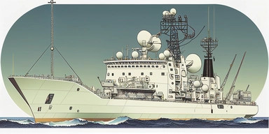 clipart, merchant ship at sea with VSAT antenna,