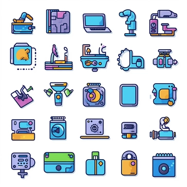 Design a clipart set that depicts various technological themes such as gadgets, devices, internet, and communication. Add images of smartphones, laptops, tablets, and desktops with screens displaying various apps and software. Also, include images that imply connection and communication, such as images of video calls, email, messaging, and social media networks. Infuse the clipart with other modern technological representations like robotics, augmented reality, and blockchain technologies.
