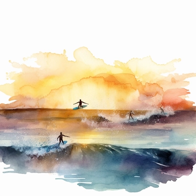 ocean view sunset, surfers riding on waves, watercolor, clipart, detailed , white background