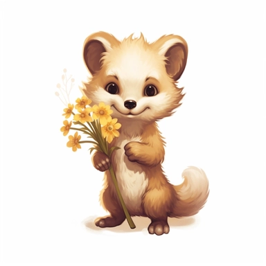 Cute Beautiful marten holding a flower Sublimation Clipart, Cartoon, hyper realistic, intricate detail, illustration style, high solution, on the white background