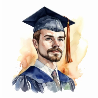 watercolor male student with facial hair graduation clipart on a white background