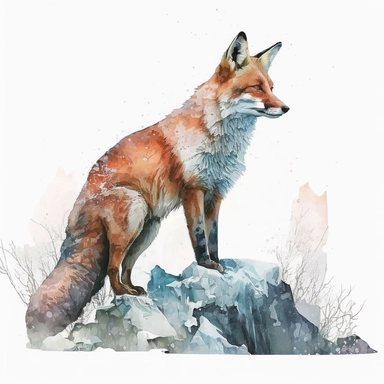 a snow fox illustration, in the style of realistic watercolor paintings, rusty debris, chen zhen, sketchy, angular simplicity, ivan marchuk, stock photo grid-based, clipart, isolated on a white background