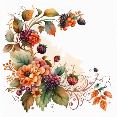 watercolor dusty red floral in the far bottom left corner and far top right coner only, and blackberries in the far bottom left left corner and far up right corner only, clipart, orange, white background, no text