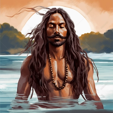 Clipart of Shiva, the Adiyogi, with the Ganga river flowing from his matted hair, signifying life and purification, Etsy-featured seller, clean white background