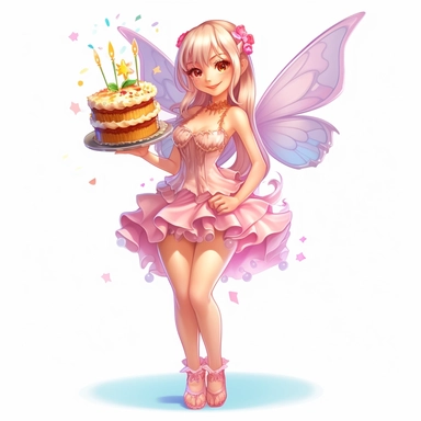 Fairy Clipart, Japan Anime style, beautiful smiling cute fairy holding a birthday cake, full body, on a white background