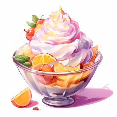 a drawing of a dessert featuring candy and whipped cream, icecream sundae, mango, orange, glass bowl, in the style of pastel toned, shiny/glossy, fantasy realism, caffenol developing, warmcore, #screenshotsaturday, rubens, white background, isolated, free brushstrokes, watercolor illustration, clipart,