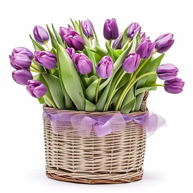 clipart of tulipa purple prince tulip in a basket, in the style of uhd image, high detailed, stock photo, colorful realism, ornate still lifes, isolated on flat white background, no shadow