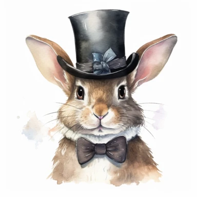 Cuddly Bunny Clipart wearing a stylish bow tie and top hat ready for a magic show in the style of oil painting, on a white background