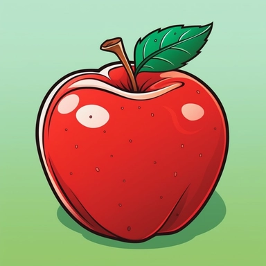 Create a clipart of a red apple with a green leaf attached at the top, placed on a plain, high contrasted background in a cartoon style. The apple should appear shiny and fresh with a crisp outline and bold colors, making it easy to recognize and suitable for use in various clipart projects.