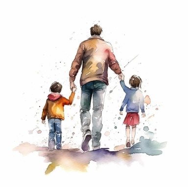 children holding father's hand, water color style, clipart, white background