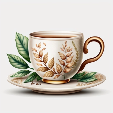 watercolour white china coffee cup on white china coffee plate with cappuccino coffee in cup with artistic leaf in froth of coffee beautiful cup of coffee beautifully detailed perfect cup of coffee,png image,high resolution,300dpi,graphic clipart,computer graphics