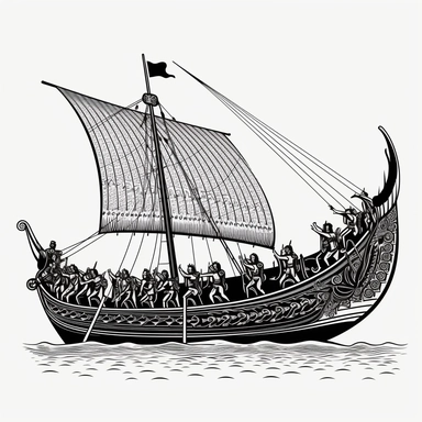 Create a detailed, clipart of a Trireme, an iconic ancient Greek warship with eyes. The illustration should be devoid of any shades of gray, silhouette only, focusing solely on the stark contrast between black and white. The silhouette should capture the distinct shape and features of the Trireme, while maintaining a high level of intricacy and accuracy. The image should be presented with a clean white border, providing a defined frame around the artwork. Ensure that the illustration is not crop