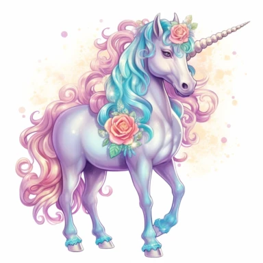 Pastel fairy unicorn clipart, Cartoon, Glitter, hyper realistic, intricate detail, illustration style, high solution, on the white background, 8k, 2d, shiny