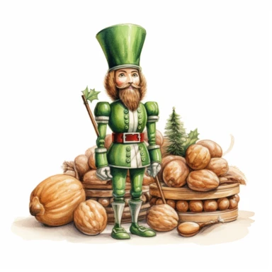 Christmas Nutcracker, Green and White, colors in watercolor pencil drawing style, on a white background, walnuts near the nutcracker, clipart, high details, hdr, hyperrealism