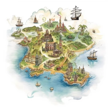 a watercolor vintage cartography map clipart, as a whimsical island takes center stage. Explore the intricacies of the detailed 8K design, where every unique cartographic element tells a story waiting to be uncovered, white background,