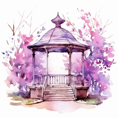 Watercolor clipart illustration, isolated on withe background, gazebo in a spring garden, use delicate purple and pink colors as accents