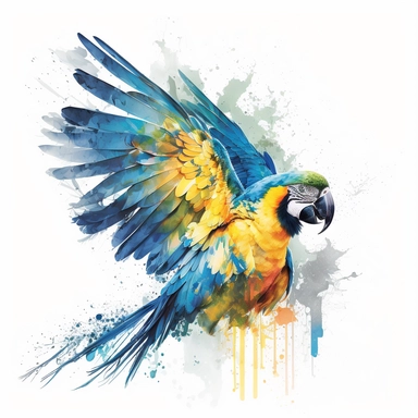 watercolour tropical beautiful magnificent flying vibrant blue and yellow macaw parrot beautifully detailed perfect facial features png image,high resolution,300dpi,graphic clipart,computer graphics