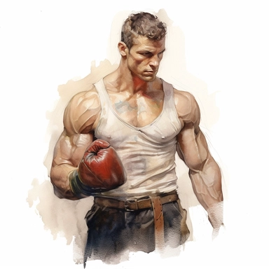 A beautifully illustrated victorian pulp fiction male fighter in varying hues ,wearing boxing gloves and muscular, muscles, Pre-Raphaelitism, octane render, hyperrealistic, stunningly handsome, refined and sophisticated, Hand drawn, invoke the artsyle of roberto ferri and brian foud,simple details ,realistic watercolor, Clipart, watercolor, white background, intricate detail