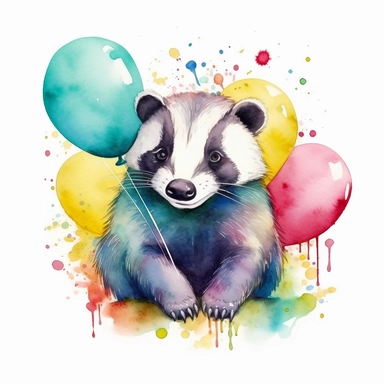 please create watercolor clipart of a badger smiling, wearing party BALOONS AND GUM and bubbles, colorful, WHITE BACKGROUND -