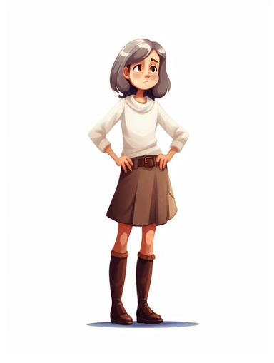 girl 7 years old, in full height, in skirt, illustration, clipart style, white background