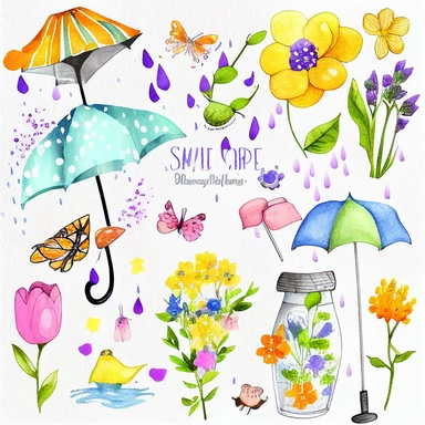 Please create a series of watercolor clipart illustrations featuring different items related to spring. Each illustration should be drawn in a charming and playful style that captures the beauty and vibrancy of the season. Items to include can be flowers, butterflies, birds, bees, rain boots, and umbrellas. Please use a coherent color palette that is bright and cheerful, but also soothing and calming. Colors that are associated with spring, such as greens, blues, pinks, and yellows, should be us