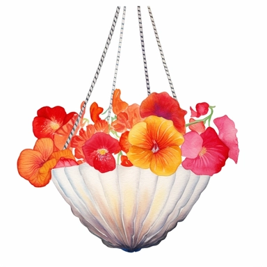 Design a dreamy watercolor clipart of japanese-inspired Hanging seashell planter overflowing with A mix of poppy flowers in vibrant red, orange, and pink arranged in a wild and free-spirited design composition, hand-painted with soft and graceful brushstrokes. Draw inspiration from the artistic finesse of Ethereal Petals Watercolors for a refined and ethereal depiction. isolated on a white background, hand-drawn illustration, hand-painted watercolor texture, 16k UHD resolution, intricately detai