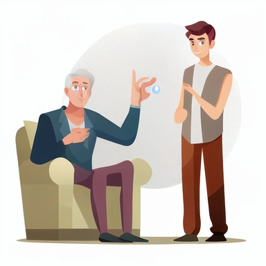 Young man holding engagement ring in living room asking older father for permission, transparent white background, flat clipart style
