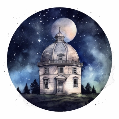 observatory with circle of galaxy behind it, moon, night sky, otherwordly, dreamy, pensive surreanlism, elaborate, detailed, atmospheric and moody, aquarellist, tonalist genius, isolated on neutral background for clipart