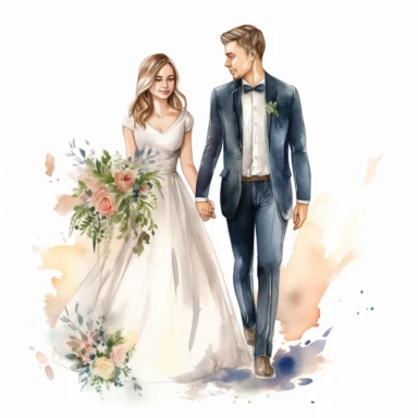 realistic just married couple watercolor clipart single design, 8k