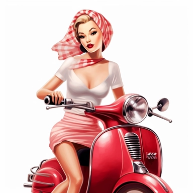 beautiful pretty pin up girl riding Vespa, makeup and hair 50's style, paint art style, detail, clipart, white background, superrealistic, one of a kind