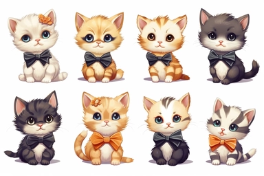 9 sets of a cute baby kitten Munchkin, smile,round face,round head,Wearing a flower bow tie,different poses,different breeds, clipart, isolated on white background, spaced out,