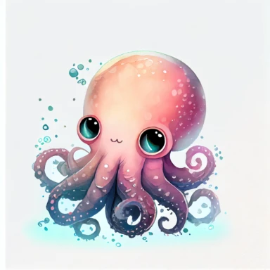 cute pink octopus with big head, big eyes with curled eyelashes, watercolor hand draw Illustration clipart, 4K, extremely detailed