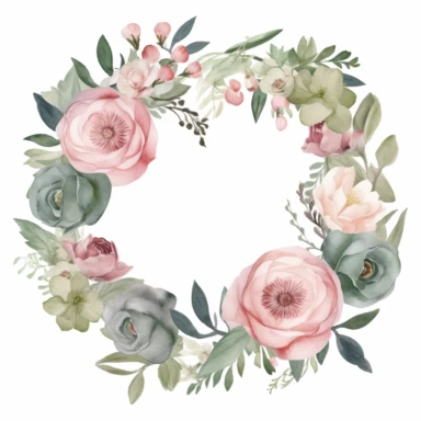 Create a circular or oval watercolor floral wreath using blush pink and rose pink roses, accompanied by sage green and olive green foliage. This versatile design can be adapted to various floral clipart by incorporating different flowers or foliage within the wreath, while maintaining the Romantic Blush color palette.