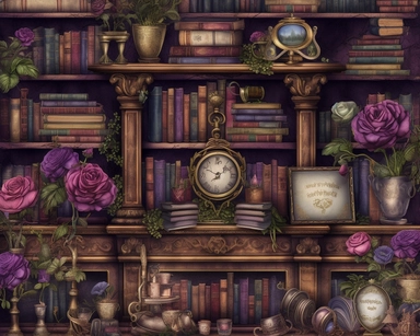 Royal Steampunk ClipArt, background paper, wall paper style, library, rows of books and wooden bookcases, roses, Watercolor Steampunk PNG, Victorian Clipart, Fantasy Clipart, deep purple
