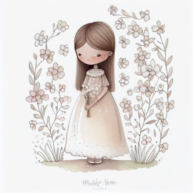 A cute full body watercolour drawing of a girl wearing a beautiful holy communion dress, flowers, holy communion, childrens book illustration, melancholy pastel art, children book illustration, childrenbook illustration, kawaii, children’s book illustration, children's book illustration, inspired by nicoletta ceccoli, cute storybook illustration, illustration for children, by nicoletta ceccoli, wlop! muted colours, Clipart style, transparent background